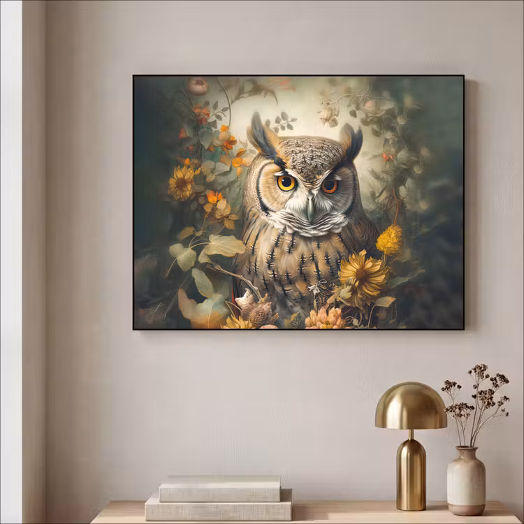 Uil - Vogels - Bloemen - Natuur Textielframe zwart klein -sfeer2
