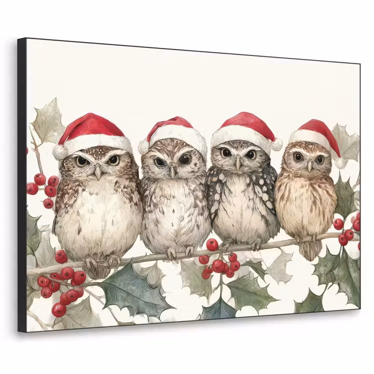 Uilen - Tak - Hulstblaadjes - Kerstmuts Textielframe zwart klein -3d