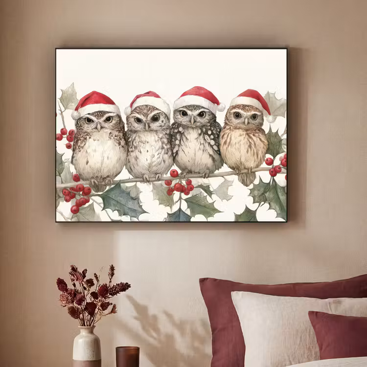 Uilen - Tak - Hulstblaadjes - Kerstmuts Textielframe - compleet frame klein -sfeer1