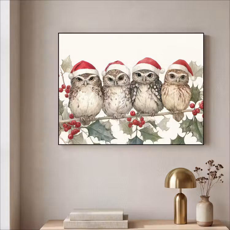 Uilen - Tak - Hulstblaadjes - Kerstmuts Textielframe zwart klein -sfeer2