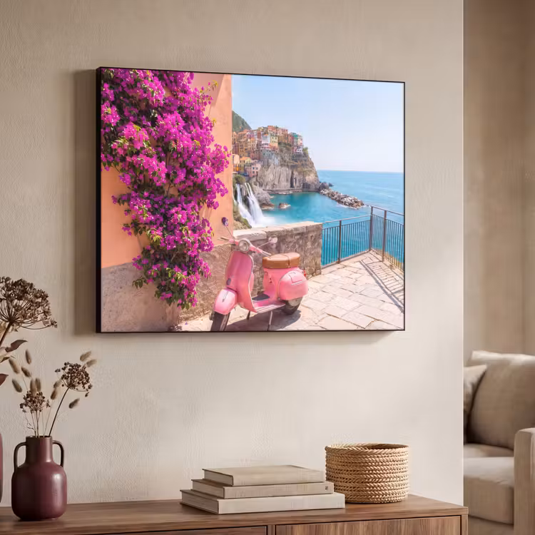 Voertuig - Roze - Kust - Zomer - Reizen Textielframe zwart klein -sfeer3