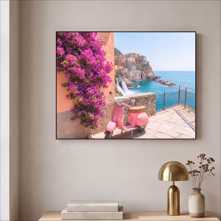 Voertuig - Roze - Kust - Zomer - Reizen Textielframe zwart klein -sfeer2
