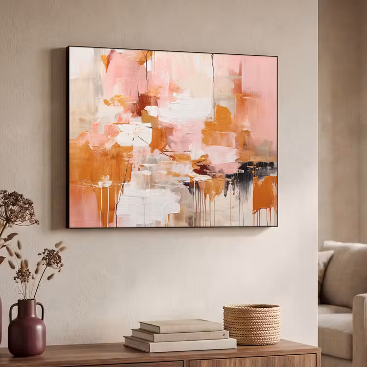 Verf - Roze - Oranje - Abstract - Kunst Textielframe zwart klein -sfeer3