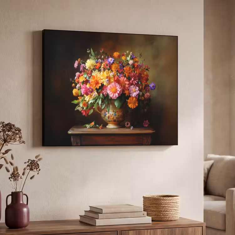 Kleuren - Boeket - Vaas - Hout Textielframe zwart klein -sfeer3