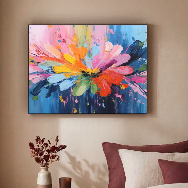 Kleuruitbarsting - Expressieve sfeer - Bloem Textielframe zwart klein -sfeer1