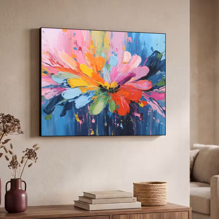 Kleuruitbarsting - Expressieve sfeer - Bloem Textielframe zwart klein -sfeer3