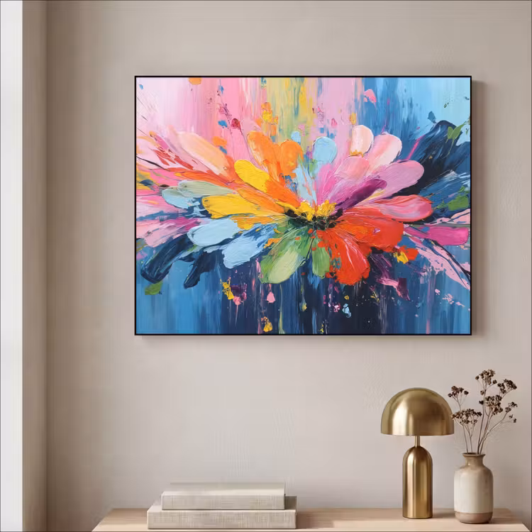 Kleuruitbarsting - Expressieve sfeer - Bloem Textielframe - compleet frame klein -sfeer2