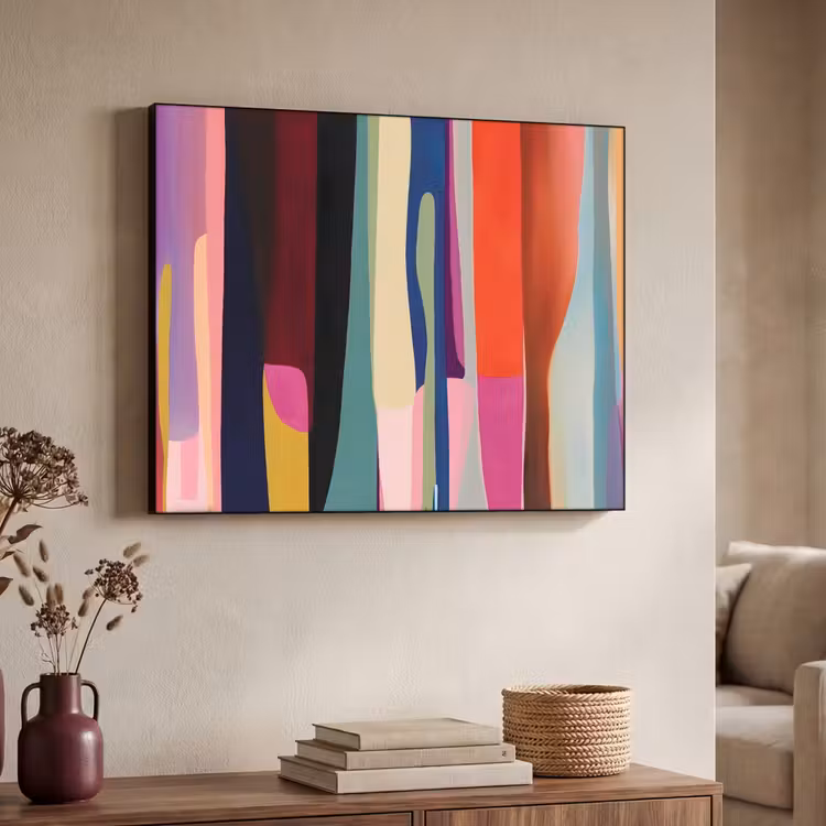 Kleurbanen - Verticaal - Kleurrijk Textielframe zwart klein -sfeer3