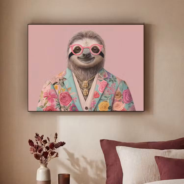 Luiaard - Bloemenprint - Bril - Roze Textielframe - compleet frame klein -sfeer1