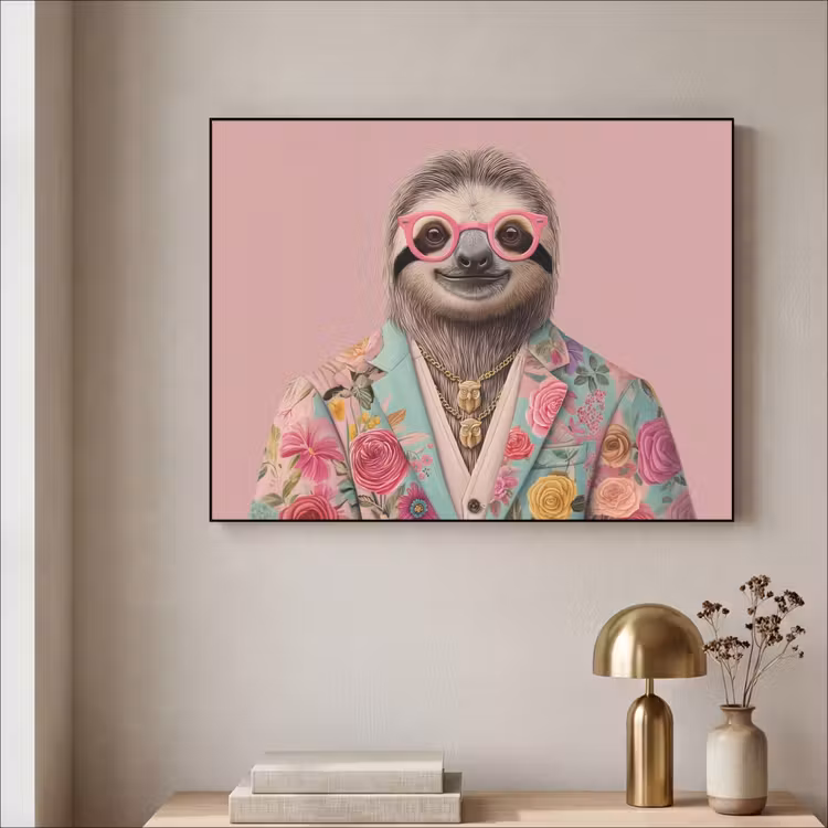 Luiaard - Bloemenprint - Bril - Roze Textielframe - compleet frame klein -sfeer2