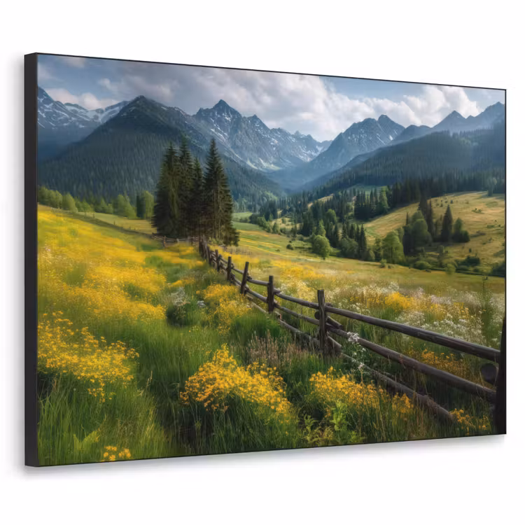 Veld - Hek - Bergen - Bloemen Textielframe zwart klein -3d