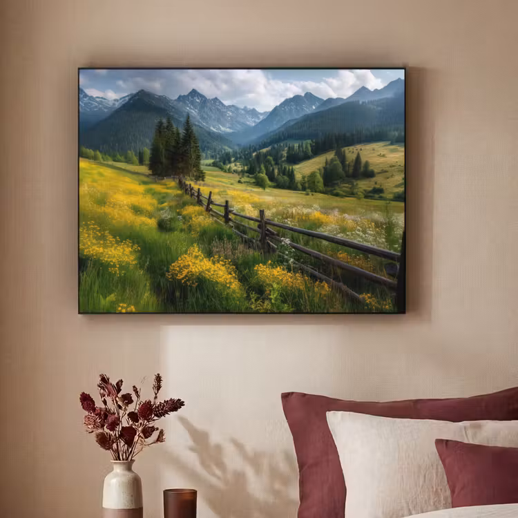 Veld - Hek - Bergen - Bloemen Textielframe zwart klein -sfeer1