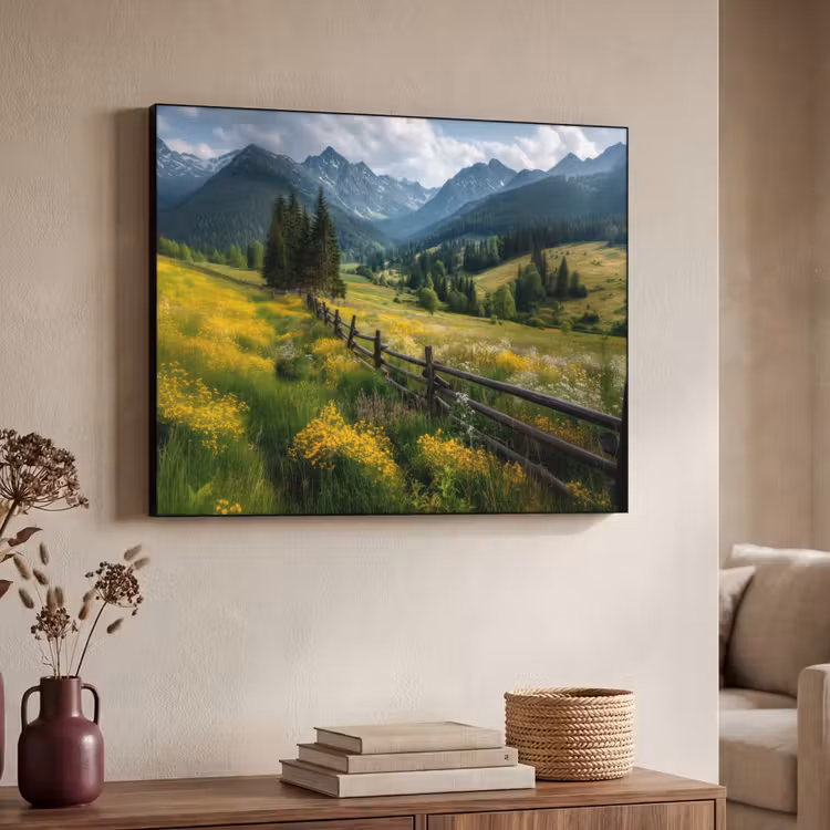 Veld - Hek - Bergen - Bloemen Textielframe zwart klein -sfeer3