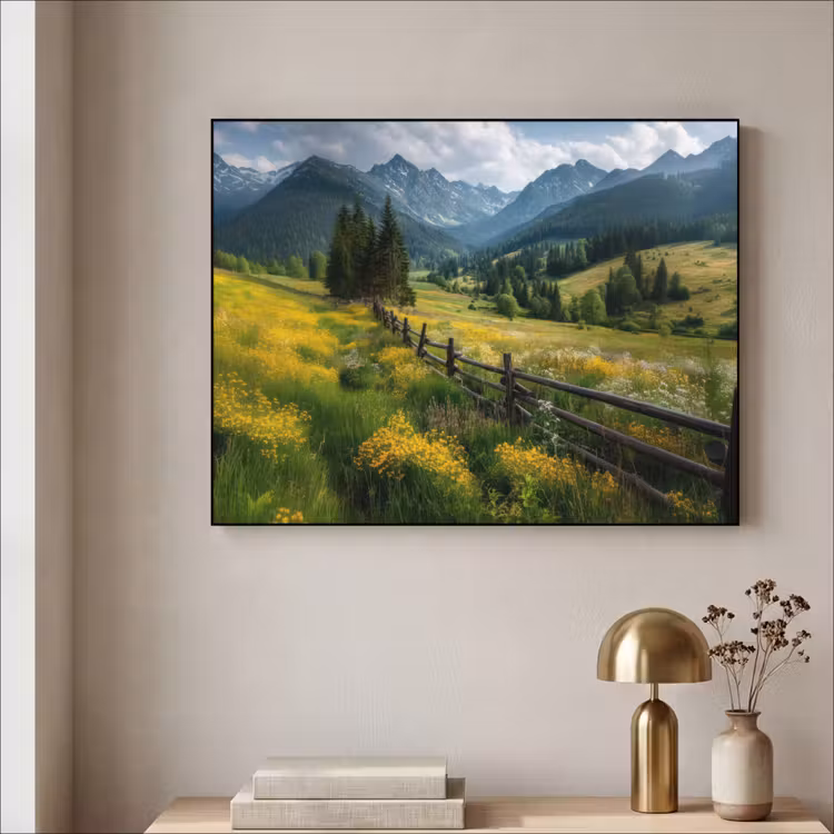 Veld - Hek - Bergen - Bloemen Textielframe zwart klein -sfeer2