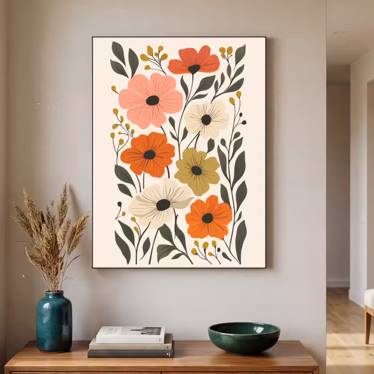 Veldbloemen - Stengels - Blaadjes - Groen Textielframe zwart klein -sfeer1