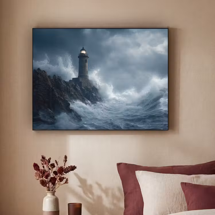 Rotsen - Vuurtoren - Golven - Klliffen Textielframe zwart klein -sfeer1