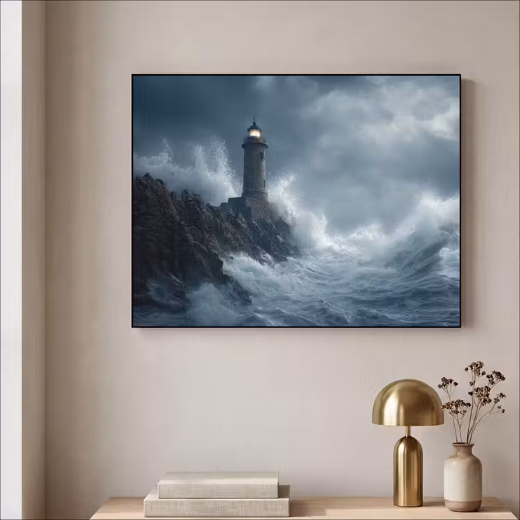 Rotsen - Vuurtoren - Golven - Klliffen Textielframe zwart klein -sfeer2