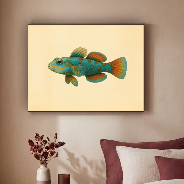 Vis - Blauw - Stippen - Schubben Textielframe - compleet frame klein -sfeer1