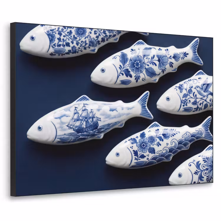 Art Frame - Fisch - Delfter Porzellan - Keramiken - Vissen - Delfts - Blauw - Keramiek Textielframe zwart klein