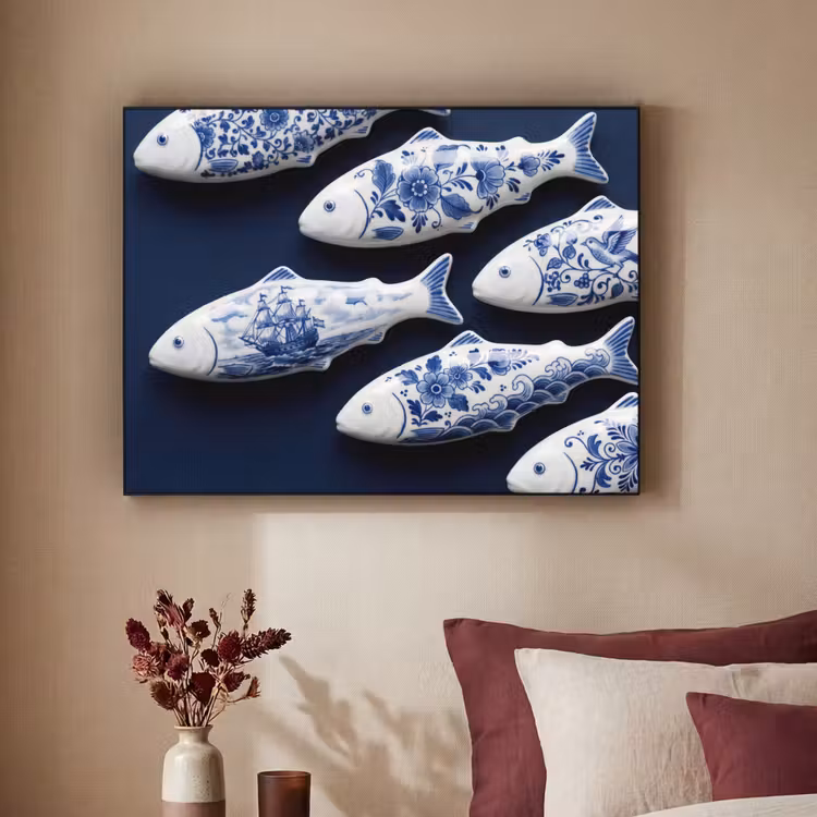 Art Frame - Fisch - Delfter Porzellan - Keramiken - Vissen - Delfts - Blauw - Keramiek Textielframe zwart klein