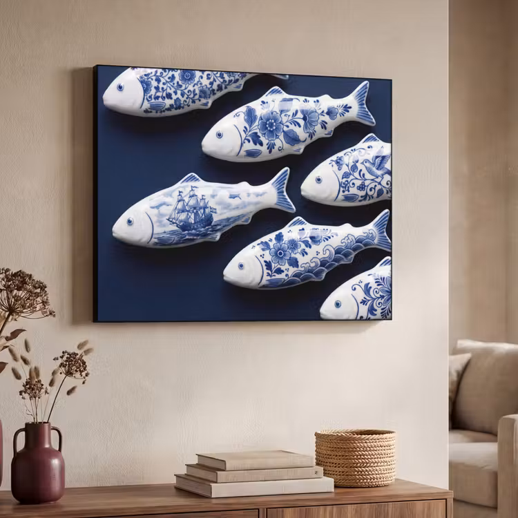Art Frame - Fisch - Delfter Porzellan - Keramiken - Vissen - Delfts - Blauw - Keramiek Textielframe zwart klein