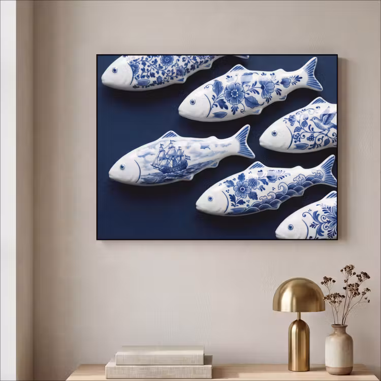 Art Frame - Fisch - Delfter Porzellan - Keramiken - Vissen - Delfts - Blauw - Keramiek Textielframe zwart klein
