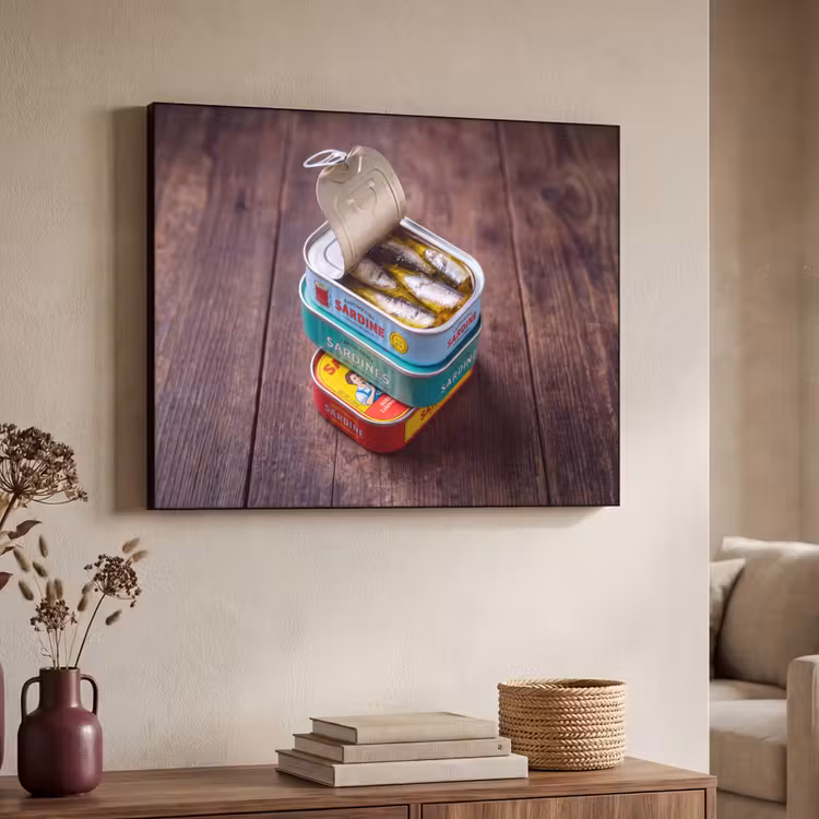 Art Frame - Fisch – Dosen – Küche - Vis - Blikjes - Keuken Textielframe zwart klein