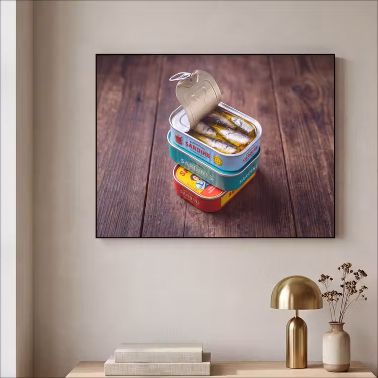 Art Frame - Fisch – Dosen – Küche - Vis - Blikjes - Keuken Textielframe zwart klein