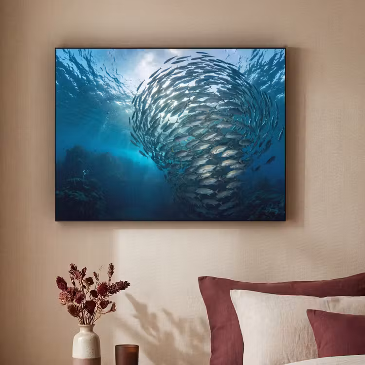 Vis - School - Oceaan - Natuur - Blauw Textielframe zwart klein -sfeer1