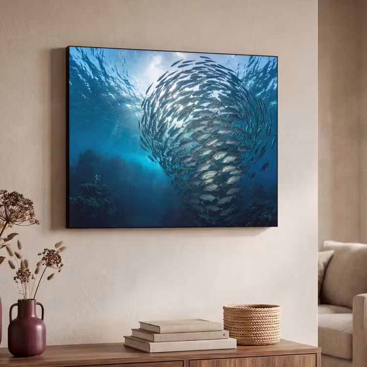 Vis - School - Oceaan - Natuur - Blauw Textielframe zwart klein -sfeer3