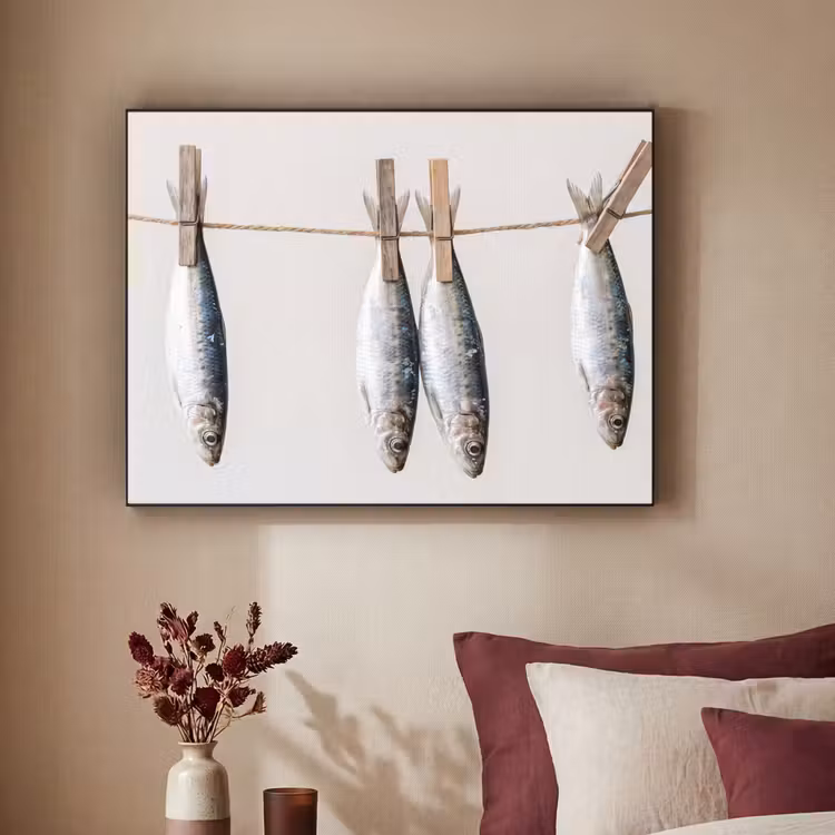 Art Frame - Fisch – Hängend – Essen - Vis - Hangend - Eten Textielframe zwart klein