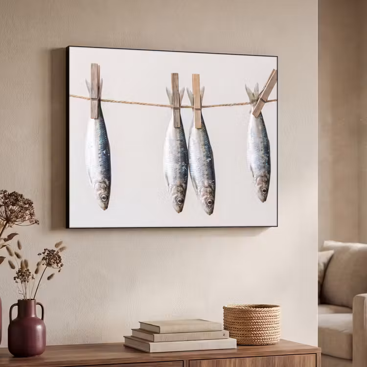Art Frame - Fisch – Hängend – Essen - Vis - Hangend - Eten Textielframe zwart klein
