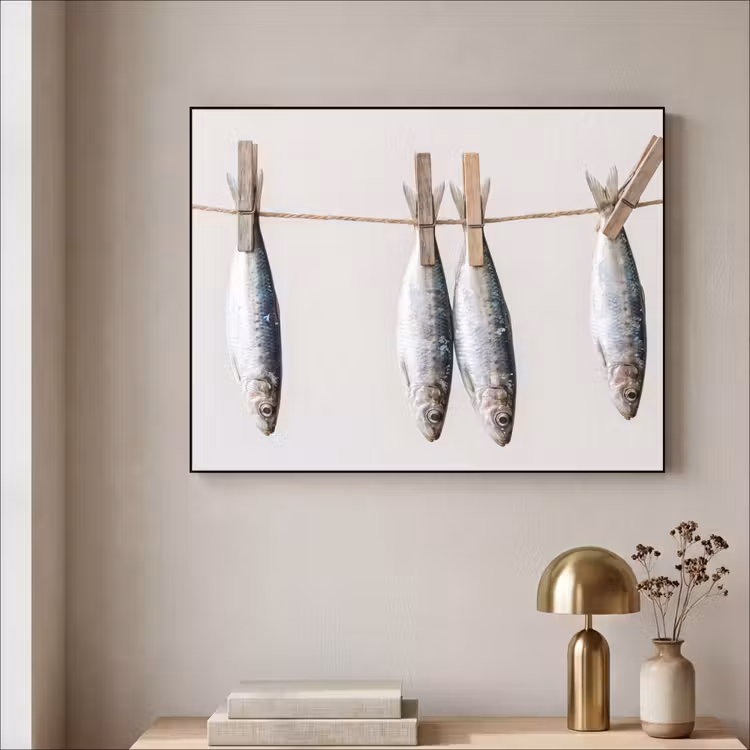 Art Frame - Fisch – Hängend – Essen - Vis - Hangend - Eten Textielframe zwart klein