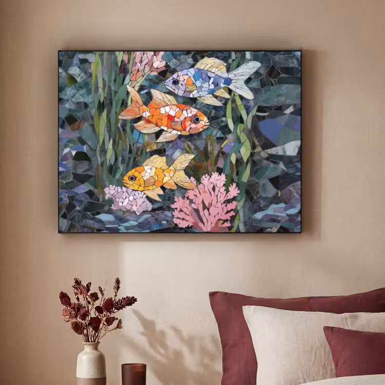 Vissen - Koraal - Zee - Mozaïek Textielframe - compleet frame klein -sfeer1