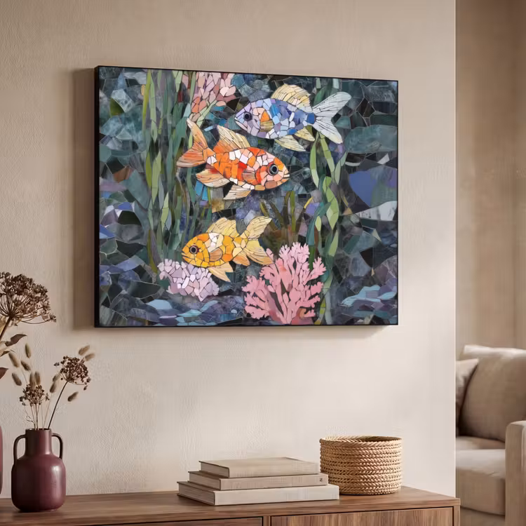 Vissen - Koraal - Zee - Mozaïek Textielframe - compleet frame klein -sfeer3