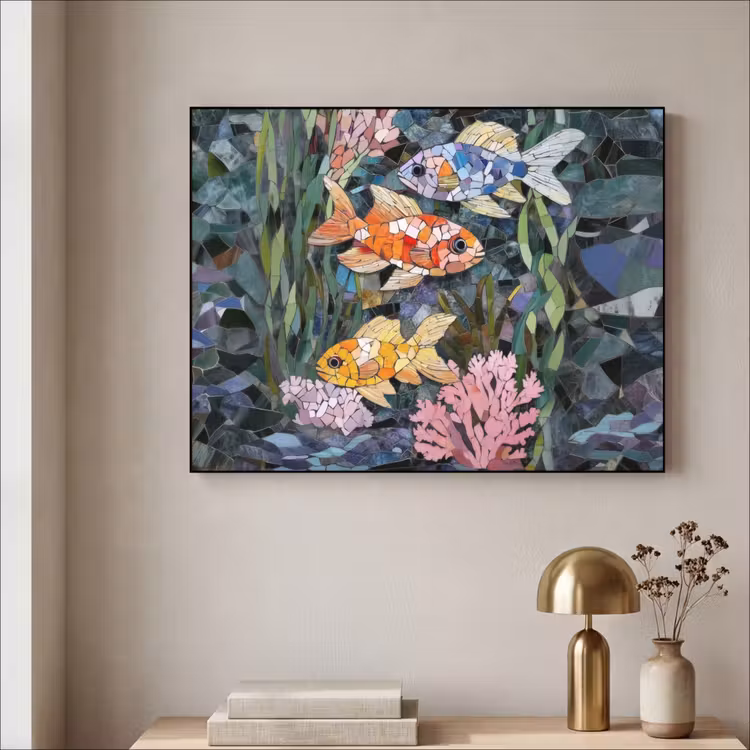 Vissen - Koraal - Zee - Mozaïek Textielframe - compleet frame klein -sfeer2