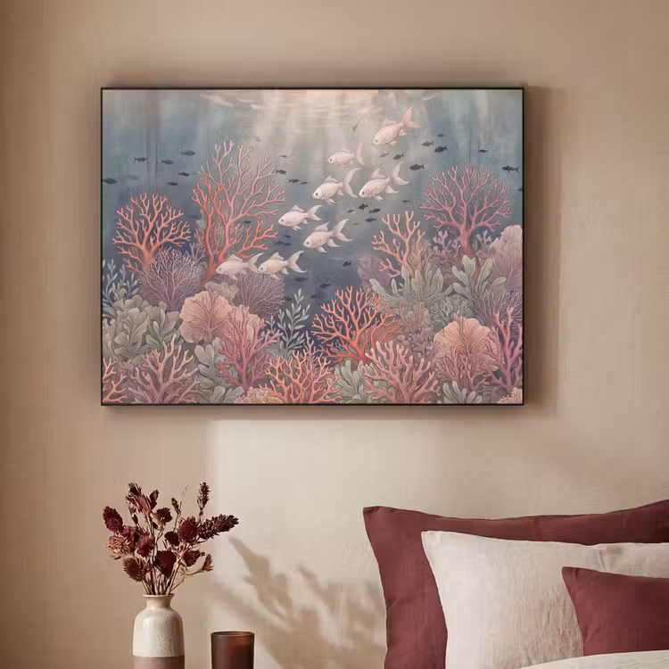 Vis - Koraal - Onderwater - Illustratie - Vintage Textielframe zwart klein -sfeer1
