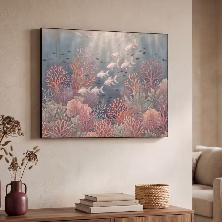 Vis - Koraal - Onderwater - Illustratie - Vintage Textielframe zwart klein -sfeer3
