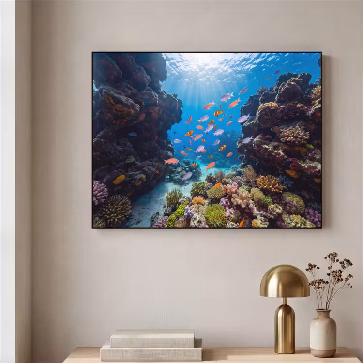 Vis - Koraalrif - Onderwater - Levendig - Blauw Textielframe zwart klein -sfeer2