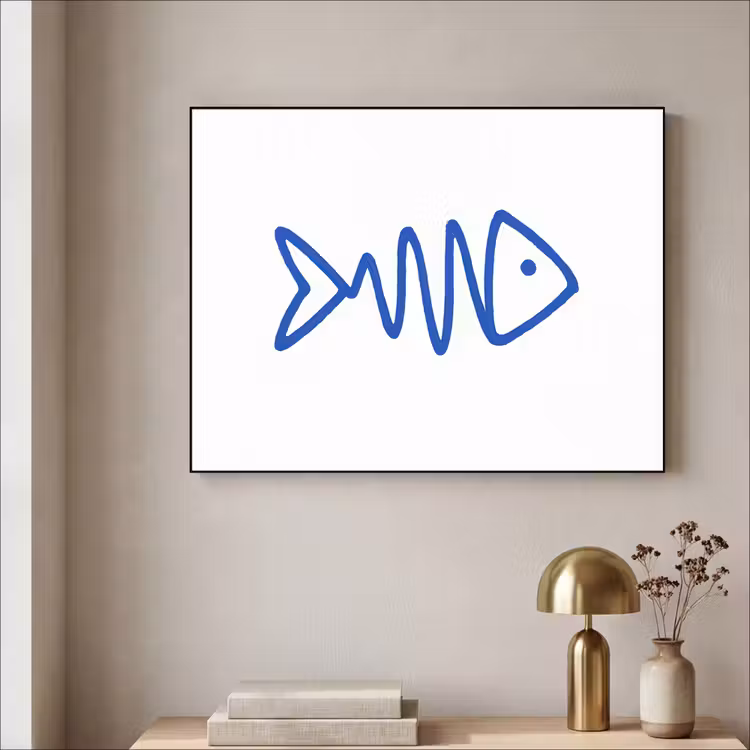 Vis - Minimalistisch - Blauw - Lijn Textielframe zwart klein -sfeer2