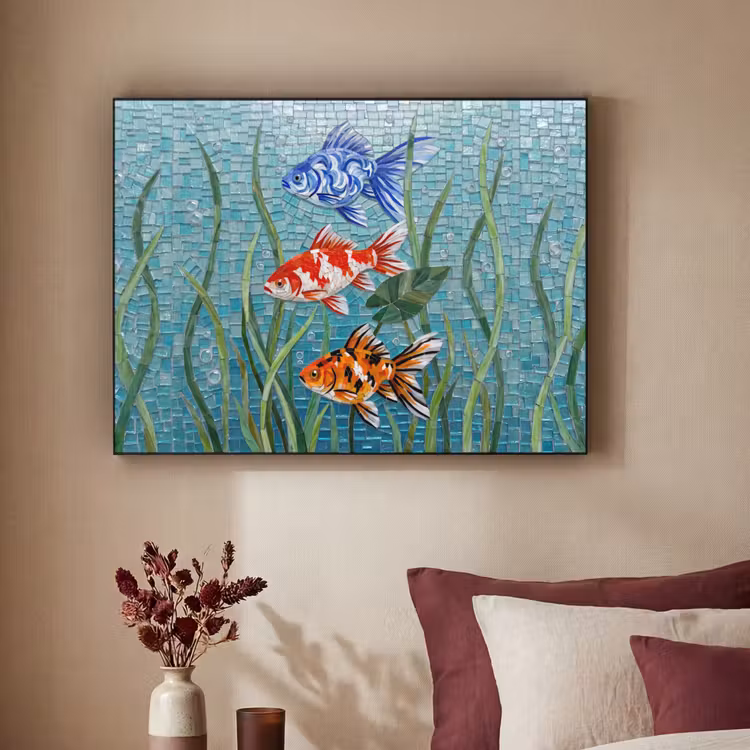 Vis - Mozaïek - Onderwater - Kleurrijk - Dieren Textielframe zwart klein -sfeer1
