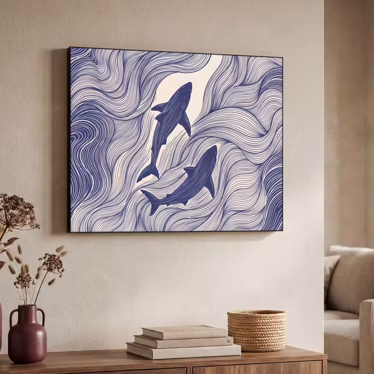 Vis - Oceaan - Lijntekening - Blauw - Dieren Textielframe zwart klein -sfeer3