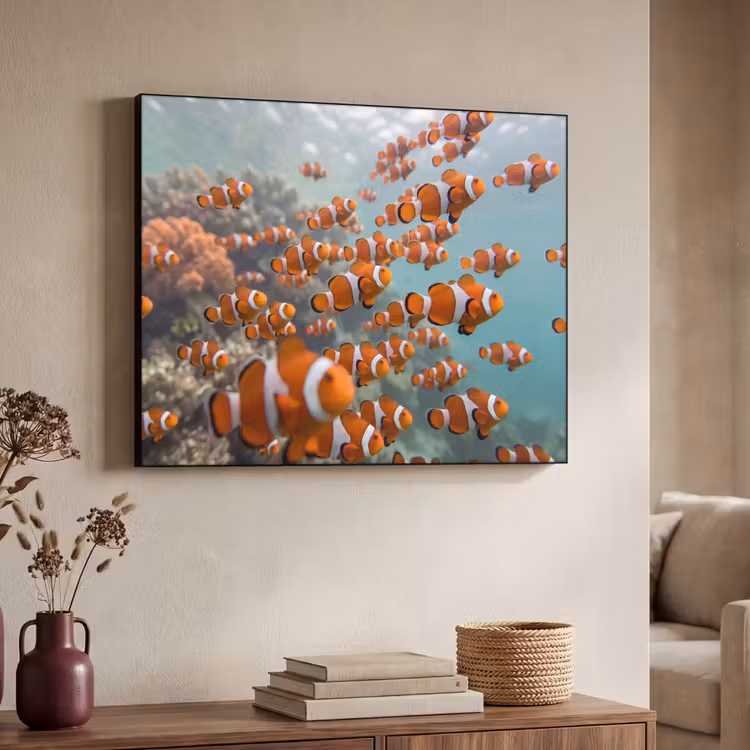 Vis - School - Onderwater - Dieren - Oranje Textielframe zwart klein -sfeer3