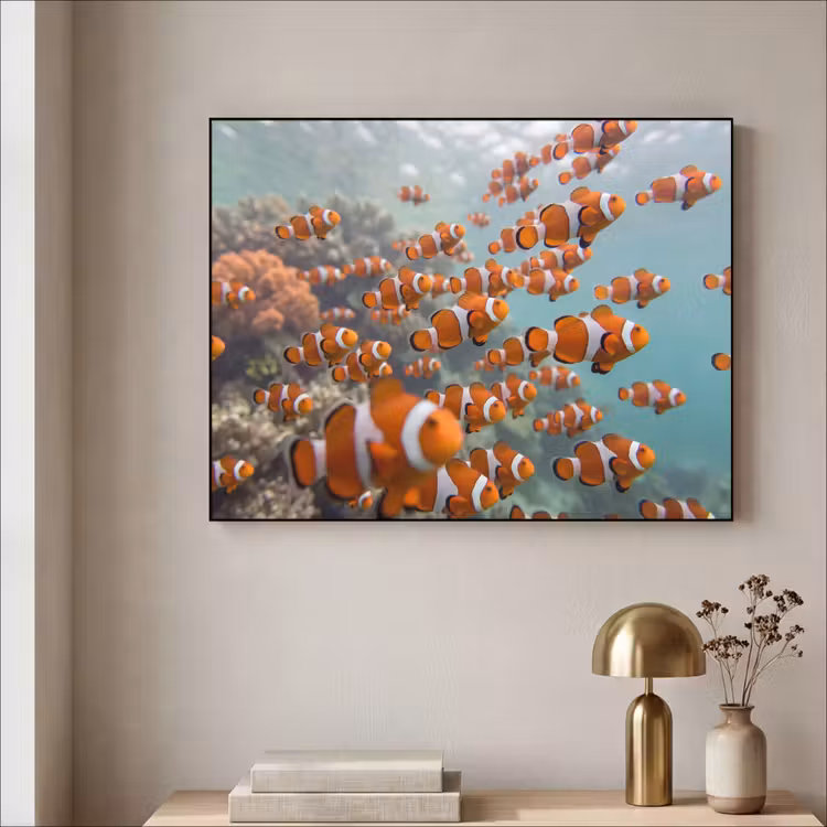 Vis - School - Onderwater - Dieren - Oranje Textielframe zwart klein -sfeer2