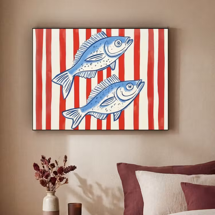 Vissen - Verticale strepen - Blauw - Rood Textielframe - compleet frame klein -sfeer1