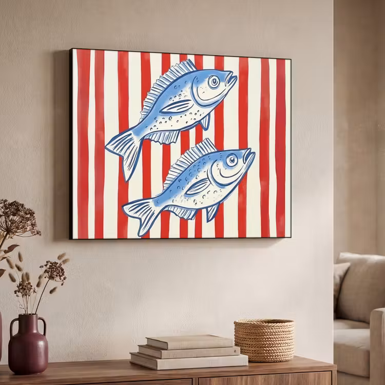 Vissen - Verticale strepen - Blauw - Rood Textielframe zwart klein -sfeer3