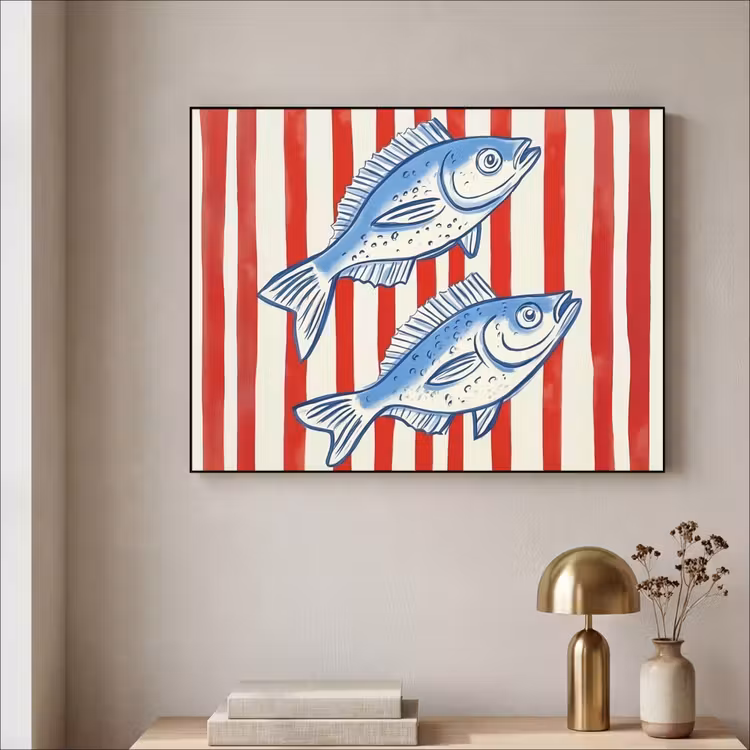 Vissen - Verticale strepen - Blauw - Rood Textielframe - compleet frame klein -sfeer2