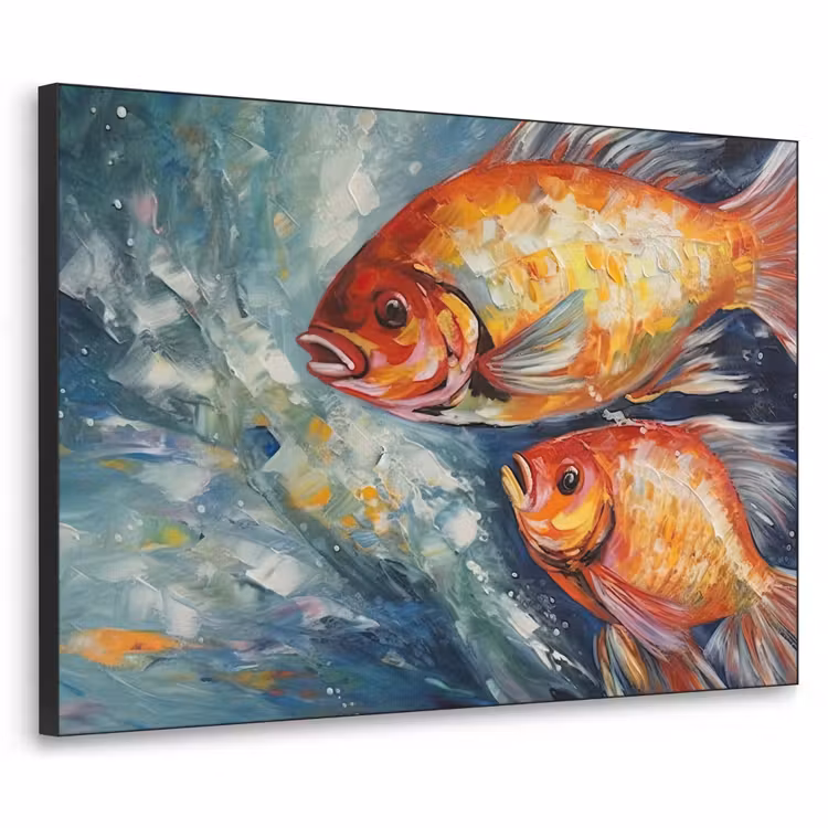 Vissen - Water - Dieren - Kunst - Olieverf Textielframe zwart klein -3d