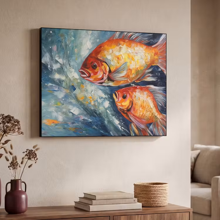 Vissen - Water - Dieren - Kunst - Olieverf Textielframe zwart klein -sfeer3