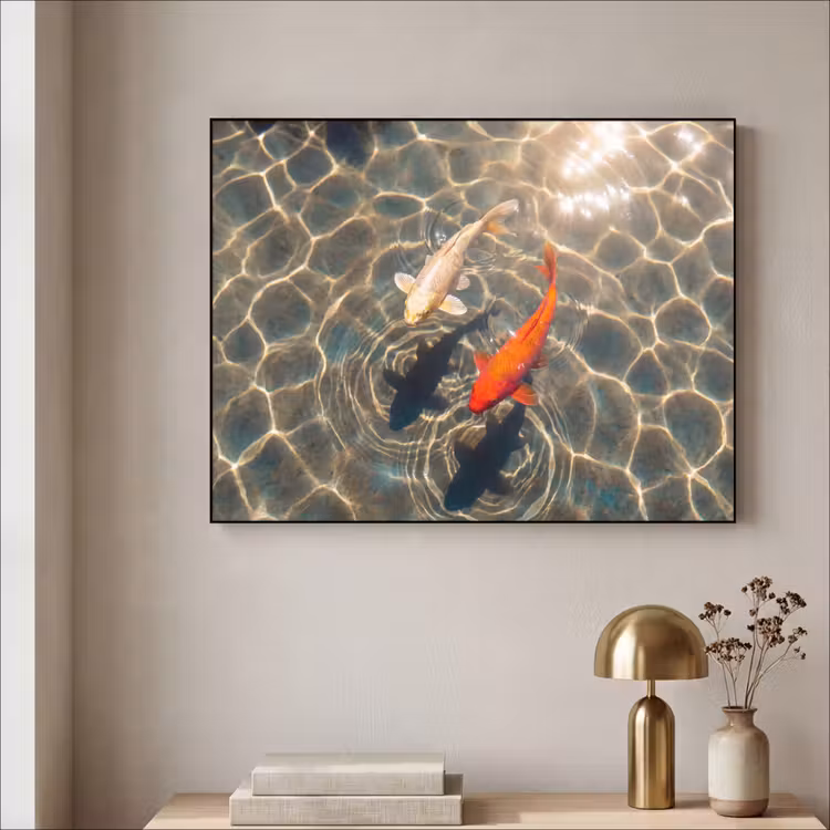 Vis - Water - Dieren - Oranje - Goud Textielframe zwart klein -sfeer2